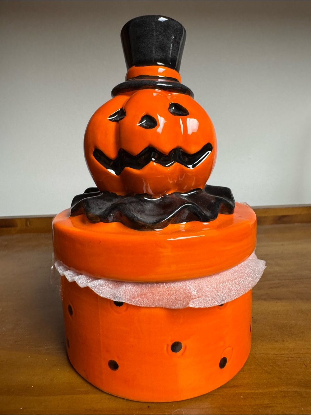 Orange Pumpkin Treat Jar with Black Top Hat - Halloween Home Party Decor